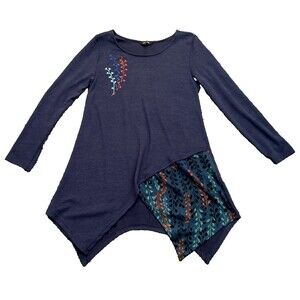 Yak n Yeti Womens Sweater MEDIUM Navy Blue Embroidered Handkerchief Hem Boho Art